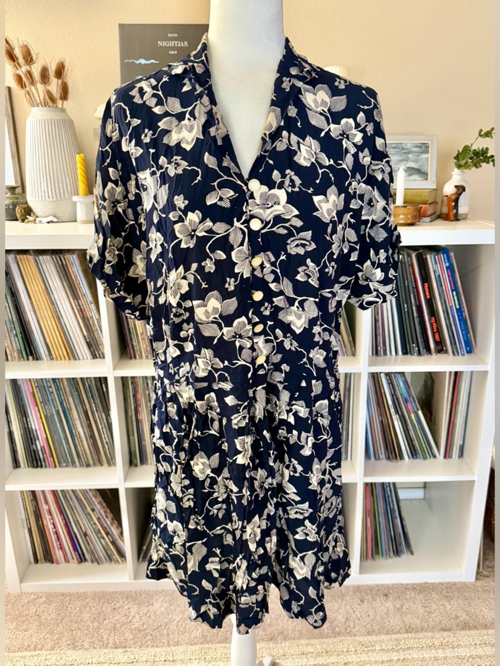 Vintage Banana Republic Large Rayon Navy Floral Mini Dress Made in Hong Kong